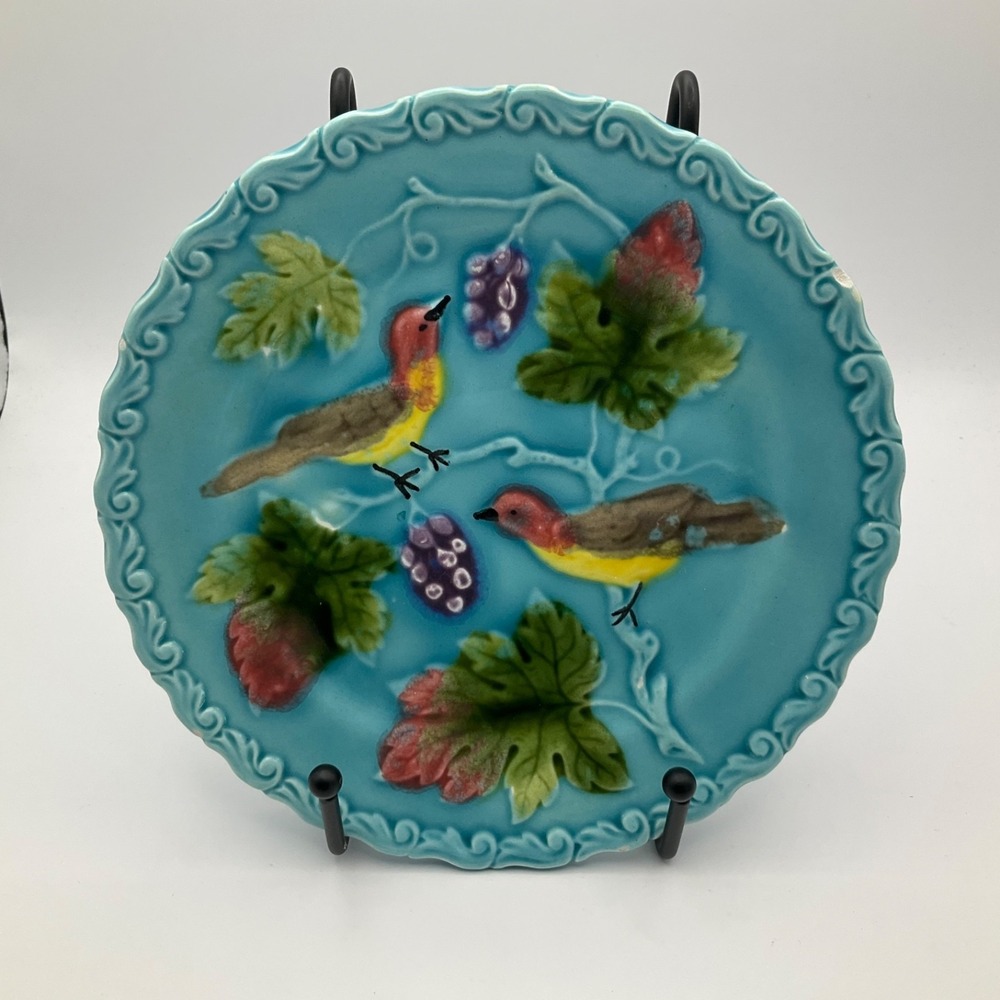 Antique Majolica Plate Zell Germany Bird Grapes Turquoise 6.5" Dessert Plate